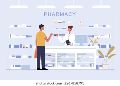 pharmacy with pharmacist and client in counter. drugstore cartoon character design vector illustration