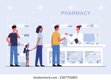 pharmacy with pharmacist and client in counter. drugstore cartoon character design vector illustration