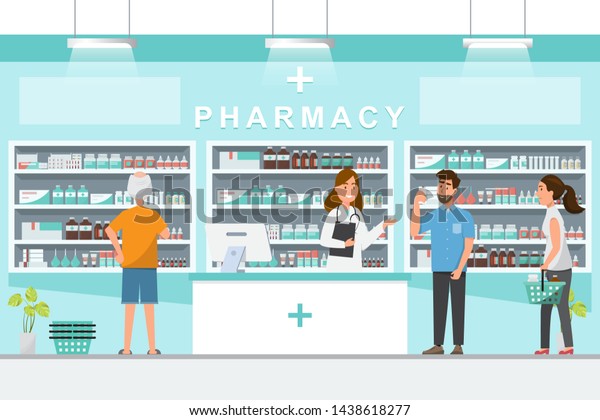 pharmacy with pharmacist and\
client in counter. drugstore cartoon character design vector\
illustration