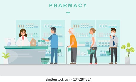 pharmacy with pharmacist  in counter and people buying medicine. drugstore cartoon character design vector illustration