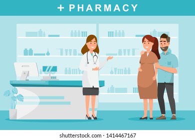 pharmacy with pharmacist and couple client in counter. drugstore cartoon character design vector illustration