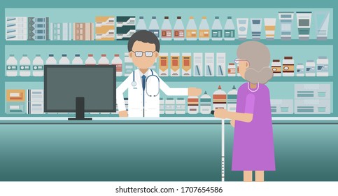 Pharmacy with pharmacist and customer vector illustration