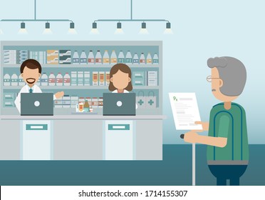 Apotheke mit Apotheker und Vektorgrafik von Kunden
