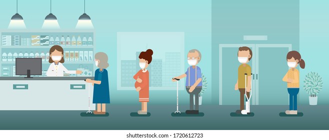 Pharmacy with pharmacist and customers in a row vector illustration
