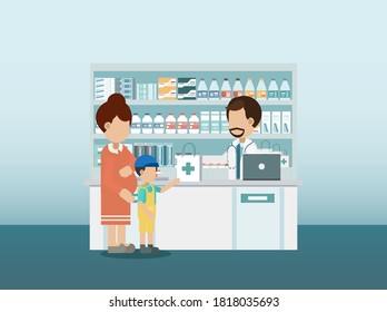 Farmacia con ilustraciones vectoriales de diseño plano de niños y farmacéuticos