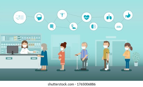 Pharmacy with pharmacist and medical icons flat design vector illustration