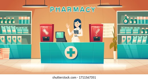 Pharmacy with pharmacist woman at counter desk, cartoon drugstore interior with cashier, medical products on shelves and vending machine for free female sanitary pads and tampons, vector illustration