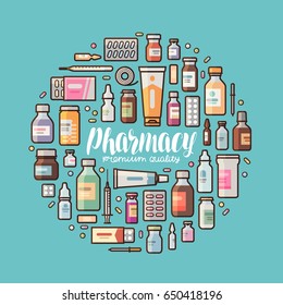 Pharmacy, pharmacology banner. Medical supplies, drugs, medicine, medication set icons or symbols. Lettering vector illustration