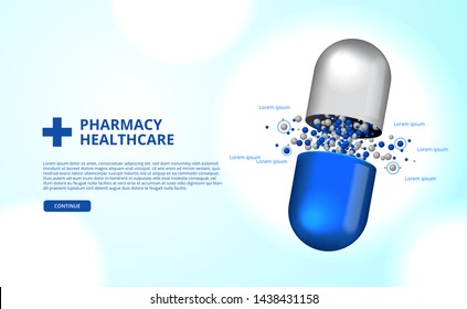 pharmacy pills capsule medicine healthcare 3D illustration background data visualization chemical composition info graphic banner poster template