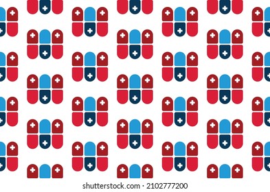 Pharmacy Pills Capsules Seamless Pattern Design. Vector Pattern Template. Repeating geometric pattern illustration of a modern symbol of 3 pills healthcare medicine. First aid covid-19 pandemic. EPS10