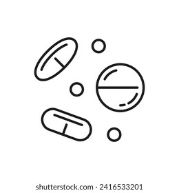 Pharmacy Pillen Linie Symbol der Arzneimittel Tabletten und Arzneimittel, Umriss-Vektorgrafik. Medizinische Pillen-Umriss-Piktogramm für die Verschreibung von Arzneimitteln und die Behandlung von Arzneimitteln in Arzneimittellagern