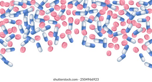 Pharmacy pills medical vector illustration. Capsule drugs and tablets disease prescription elements. Blue white and pink pills, emergency treatment or vitamins. Medication drugs.