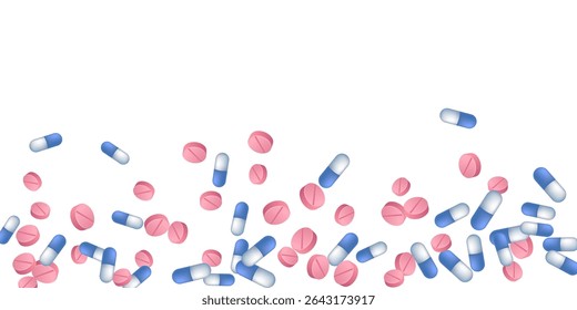 Pharmacy pills medical vector illustration. Capsule drugs and tablets isolated elements. Blue white and pink  capsules, first aid treatment or vitamins. Antibiotic tablets concept.