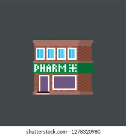 Pharmacy. Pixel art. Old school computer graphic. 8 bit video game. Game assets 8-bit sprite. 16-bit.