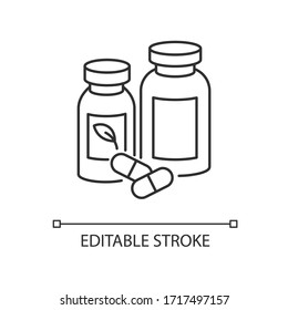 Pharmacy pixel perfect linear icon. Pills in containers. Herbal drugs for healthcare. Thin line customizable illustration. Contour symbol. Vector isolated outline drawing. Editable stroke