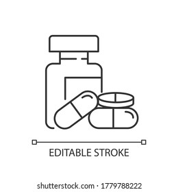 Pharmacy pixel perfect linear icon. Pills in bottles. Medications prescription. Thin line customizable illustration. Contour symbol. Vector isolated outline drawing. Editable stroke