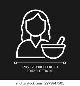Pharmacy pixel perfect white linear icon for dark theme. Producing and preparation of medications. Medical service. Thin line illustration. Isolated symbol for night mode. Editable stroke