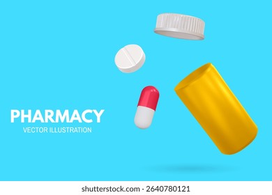 Pharmacy poster, banner with 3d Realistic Pharmaceutical Bottle and capsule pill tablet. Advertising for hospital or pharmaceutical company. Sign for pharmacy. Vector illustration