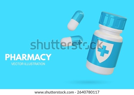 Pharmacy poster, banner with 3d Realistic Pharmaceutical Bottle and capsule pill tablet. Advertising for hospital or pharmaceutical company. Sign for pharmacy. Vector illustration