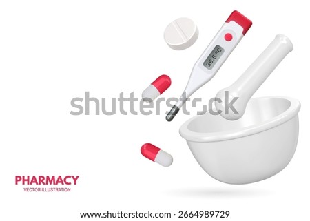 Pharmacy poster, banner with 3d Realistic mortar, pestle, thermometer and capsule pill tablet. Advertising for hospital or pharmaceutical company. Sign for pharmacy. Vector illustration.