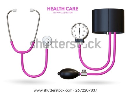 Pharmacy poster, banner with 3d Realistic medical classic tonometer. Mechanical tonometer, a tool for measuring blood pressure and pulse rate. Vector illustration. Advertising for hospital or
