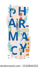 Pharmacy poster banner with cartoon people surrounding giant word letters and holding pill bottles and medicine containers. Doctors and customers - flat isolated vector illustration