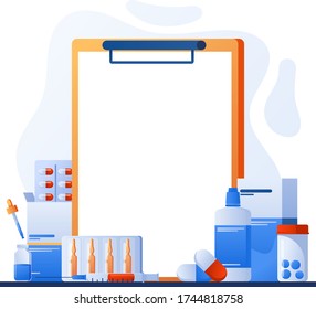 Pharmacy poster with empty clipboard. Online drugstore app. Drugs, pills. Examination and check up. Healthcare concept banner. Medical consultation, tele medicine. Bottle with pills, caps, blister.