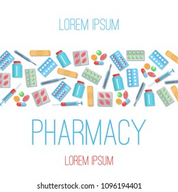 Pharmacy poster flat icons of pills strips patches thermometer syringe for medical app print media. Medicine and health symbols vector illustration. Isolated on blue background. Place for text