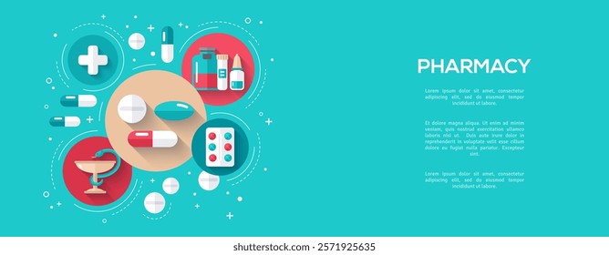 Pharmacy Poster With Flat Icons. Vector illustration for medical or healthcare presentation, document cover and layout template design. Drugs and Pills, Lab Tests, Medication Concept