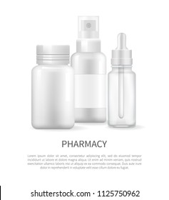 Pharmacy poster with nasal spray and container of capsule pills, ear drops, aerosol sprayer set of treatment remedies mock up empty items vector items