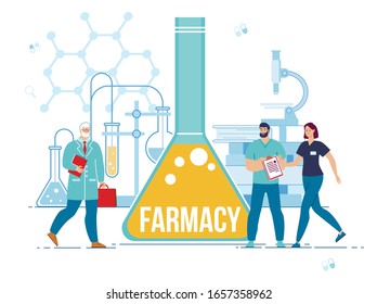 Pharmacy Poster with Pharmacist, Medical Staff People Character Engaged in Medication Creation Process. Microscope, Glass Test Tube and Flask with Liquid. Laboratory and Medicine. Vector Illustration