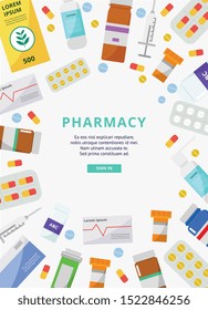 Pharmacy poster template with pills, sprays and other medicine objects surrounding center text template part - online drugstore website landing page. Vector illustration