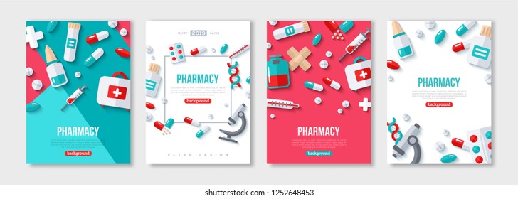 Pharmacy Posters Set With Flat Icons. Vector illustration for medical or healthcare presentation, document cover and layout template design. Drugs and Pills, Lab Tests, Medication Concept