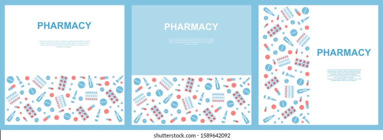 Pharmacy posters set with flat icons. Square vector illustration for medical or healthcare presentation, document cover, and layout template design. Drugs and pills.  Medication Concept.