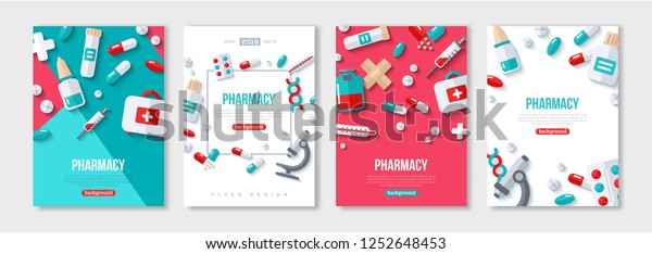 Pharmacy\
Posters Set With Flat Icons. Vector illustration for medical or\
healthcare presentation, document cover and layout template design.\
Drugs and Pills, Lab Tests, Medication\
Concept