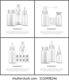 Pharmacy posters and text sample, sprays inhalers, plastic containers with blister pills, medical treatment for peoples health vector illustration
