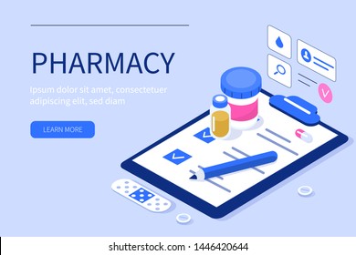 Pharmacy and prescription concept. Can use for web banner, infographics, hero images. Flat isometric vector illustration isolated on white background.