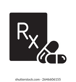Ícone de glifo de prescrição de farmácia mostrando símbolo Rx com pílulas para ordem de medicação e tratamento médico vetor ilustração vetor ícone de glifo sólido