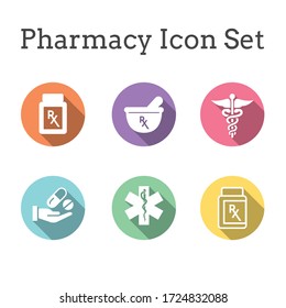 Pharmacy and Prescription Icon Set w mortar and pestle, star of life, pills, and caduceus