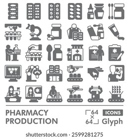 Pharmacy product symbols collection or sketches, medicine production theme in glyph style signs for web and app. Vector graphics isolated on white background