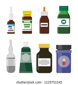 Pharmacy production bottles set having labels and information about medicine. Medical treatment syrups and liquids isolated on vector illustration