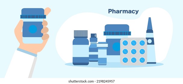 Productos farmacéuticos o farmacéuticos. ilustración vectorial en estilo plano.