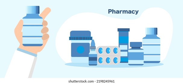 Pharmacy products or pharmaceutical drugs. vector illustration in flat style.