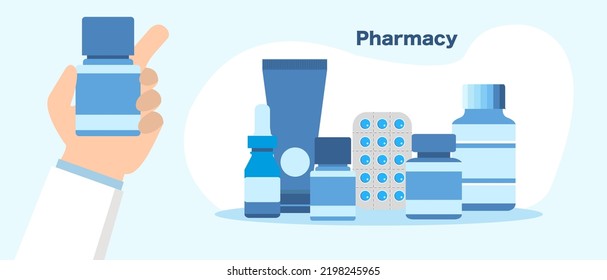 Pharmacy products or pharmaceutical drugs. vector illustration in flat style.