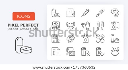 pharmacy products and services thin line icon set. Outline symbol collection. Editable vector stroke. 256x256 Pixel Perfect scalable to 128px, 64px...
