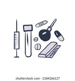 Pharmacy products simple doodle set vector illustration. Hand drawn tablets, pills, capsule, test tube, syringe, enema, bandage, patch, bottle vitamins. Health care diagnosis disease illness topic