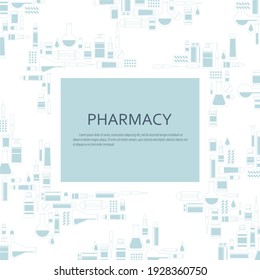 Pharmacy promo poster with medical products on a white background with place for text. Vector illustration
