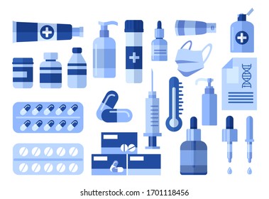 Pharmacy purchases, pharmaceutical products, pills, capsules, drugs, medicament, medical supplies. Set of medical goods, tubes, bottles, containers. Vector illustration isolated on white