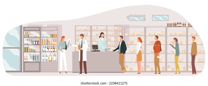 Pharmacy queue people, medical health services, medicine woman salesman, drug shelf, design, cartoon style vector illustration.