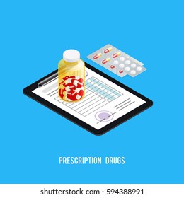 Pharmacy recipe composition with printed prescription drug order vial and blister pack of pills isometric images vector illustration